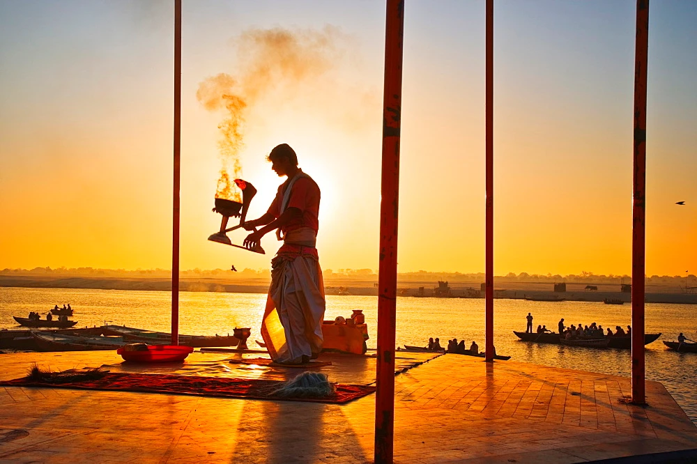 Stylized riverside ghat illustration
